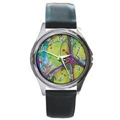 Green Peace Sign Psychedelic Trippy Round Metal Watch by Modalart