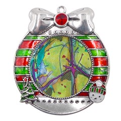 Green Peace Sign Psychedelic Trippy Metal X mas Ribbon With Red Crystal Round Ornament by Modalart