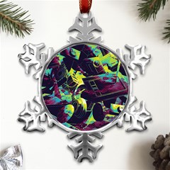 Artistic Psychedelic Abstract Metal Small Snowflake Ornament by Modalart