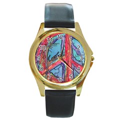 Hippie Peace Sign Psychedelic Trippy Round Gold Metal Watch by Modalart