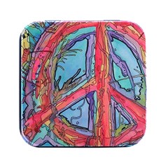 Hippie Peace Sign Psychedelic Trippy Square Metal Box (black) by Modalart