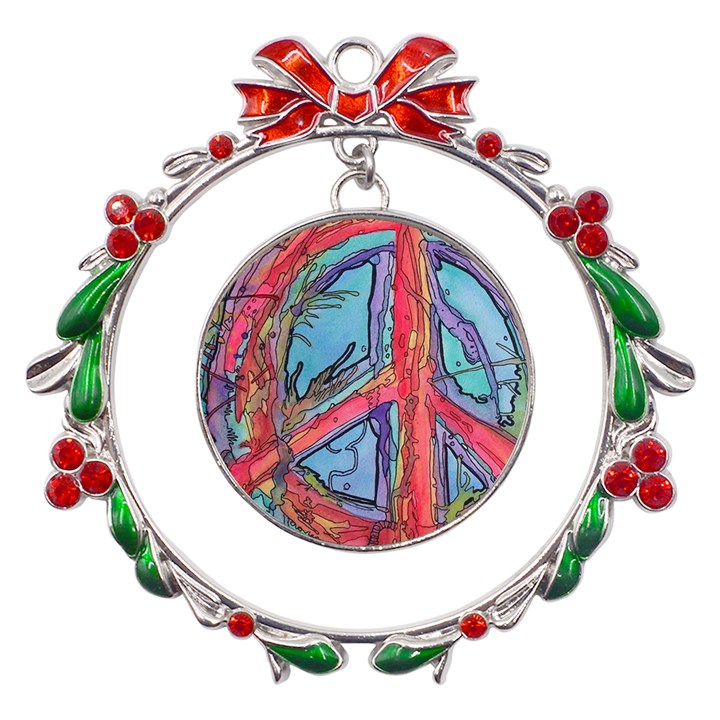 Hippie Peace Sign Psychedelic Trippy Metal X mas Wreath Ribbon Ornament