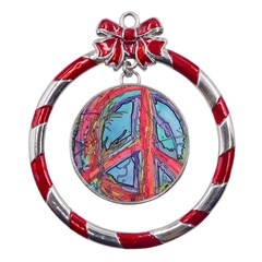 Hippie Peace Sign Psychedelic Trippy Metal Red Ribbon Round Ornament by Modalart