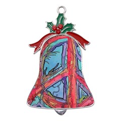 Hippie Peace Sign Psychedelic Trippy Metal Holly Leaf Bell Ornament by Modalart