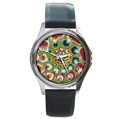 Colorful Psychedelic Fractal Trippy Round Metal Watch by Modalart