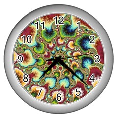 Colorful Psychedelic Fractal Trippy Wall Clock (silver) by Modalart