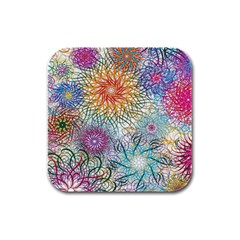 Psychedelic Flowers Yellow Abstract Psicodelia Rubber Square Coaster (4 Pack) by Modalart