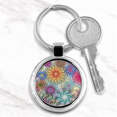 Psychedelic Flowers Yellow Abstract Psicodelia Key Chain (round) by Modalart