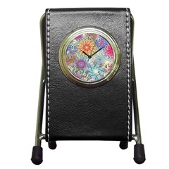 Psychedelic Flowers Yellow Abstract Psicodelia Pen Holder Desk Clock