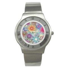 Psychedelic Flowers Yellow Abstract Psicodelia Stainless Steel Watch by Modalart