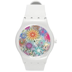 Psychedelic Flowers Yellow Abstract Psicodelia Round Plastic Sport Watch (m) by Modalart