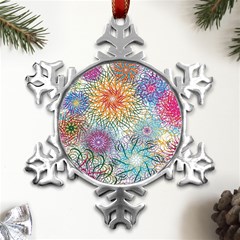 Psychedelic Flowers Yellow Abstract Psicodelia Metal Small Snowflake Ornament by Modalart