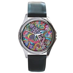 Psychedelic Flower Red Colors Yellow Abstract Psicodelia Round Metal Watch by Modalart