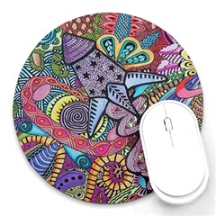 Psychedelic Flower Red Colors Yellow Abstract Psicodelia Round Mousepad by Modalart