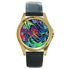 Color Colorful Geoglyser Abstract Holographic Round Gold Metal Watch by Modalart