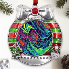 Color Colorful Geoglyser Abstract Holographic Metal X mas Ribbon With Red Crystal Round Ornament by Modalart