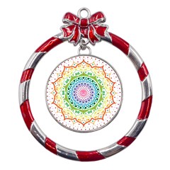 Mandala Pattern Rainbow Pride Metal Red Ribbon Round Ornament by Vaneshop