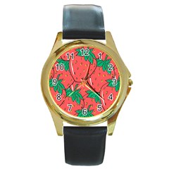 Texture Sweet Strawberry Dessert Food Summer Pattern Round Gold Metal Watch