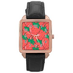 Texture Sweet Strawberry Dessert Food Summer Pattern Rose Gold Leather Watch 