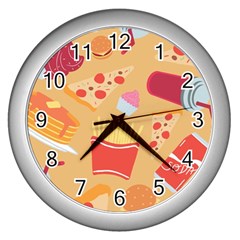 Fast Junk Food  Pizza Burger Cool Soda Pattern Wall Clock (silver) by Sarkoni