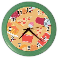 Fast Junk Food  Pizza Burger Cool Soda Pattern Color Wall Clock by Sarkoni