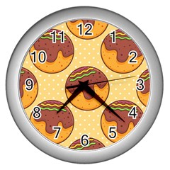 Takoyaki Food Seamless Pattern Wall Clock (silver) by Sarkoni