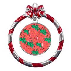 Texture Sweet Strawberry Dessert Food Summer Pattern Metal Red Ribbon Round Ornament