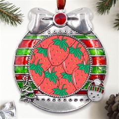 Texture Sweet Strawberry Dessert Food Summer Pattern Metal X Mas Ribbon With Red Crystal Round Ornament