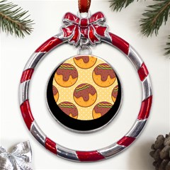 Takoyaki Food Seamless Pattern Metal Red Ribbon Round Ornament by Sarkoni