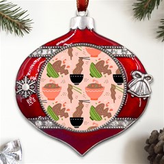 Doodle Yakisoba Seamless Pattern Metal Snowflake And Bell Red Ornament by Sarkoni