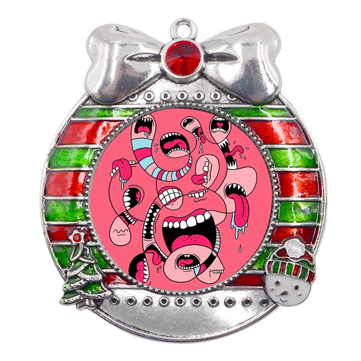 Big Mouth Worm Metal X Mas Ribbon With Red Crystal Round Ornament