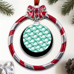 Whale Sea Blue Metal Red Ribbon Round Ornament