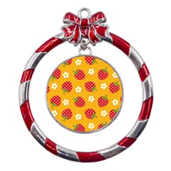 Strawberry Metal Red Ribbon Round Ornament by Dutashop