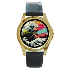 Retro Wave Kaiju Godzilla Japanese Pop Art Style Round Gold Metal Watch by Modalart