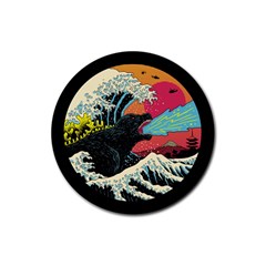 Retro Wave Kaiju Godzilla Japanese Pop Art Style Rubber Round Coaster (4 Pack) by Modalart