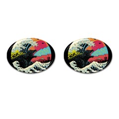 Retro Wave Kaiju Godzilla Japanese Pop Art Style Cufflinks (oval) by Modalart