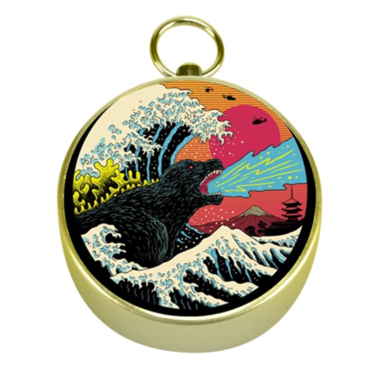 Retro Wave Kaiju Godzilla Japanese Pop Art Style Gold Compasses