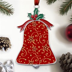 Christmas Texture Pattern Red Craciun Metal Holly Leaf Bell Ornament by Sarkoni