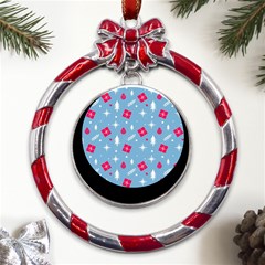 Christmas  Xmas Pattern Vector With Gifts And Pine Tree Icons Metal Red Ribbon Round Ornament