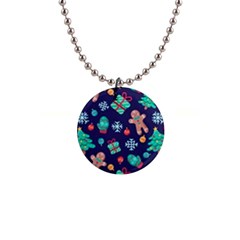 Christmas Texture New Year Background Trees Retro Pattern 1  Button Necklace by Sarkoni