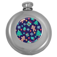 Christmas Texture New Year Background Trees Retro Pattern Round Hip Flask (5 Oz) by Sarkoni