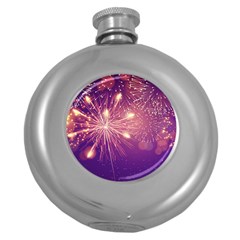 Fireworks On A Purple With Fireworks New Year Christmas Pattern Round Hip Flask (5 Oz) by Sarkoni