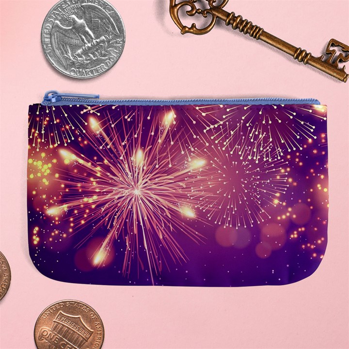 Fireworks On A Purple With Fireworks New Year Christmas Pattern Large Coin Purse