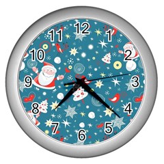 Christmas Pattern Santa Blue Wall Clock (silver) by Sarkoni