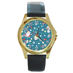 Christmas Pattern Santa Blue Round Gold Metal Watch by Sarkoni