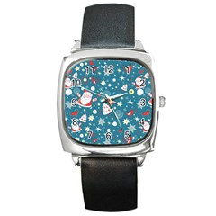 Christmas Pattern Santa Blue Square Metal Watch by Sarkoni