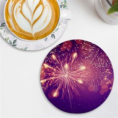 Fireworks On A Purple With Fireworks New Year Christmas Pattern Uv Print Round Tile Coaster by Sarkoni