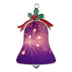 Fireworks On A Purple With Fireworks New Year Christmas Pattern Metal Holly Leaf Bell Ornament by Sarkoni