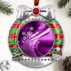 Purple Abstract Merry Christmas Xmas Pattern Metal X mas Ribbon With Red Crystal Round Ornament by Sarkoni