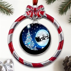 Merry Christmas Metal Red Ribbon Round Ornament by Sarkoni